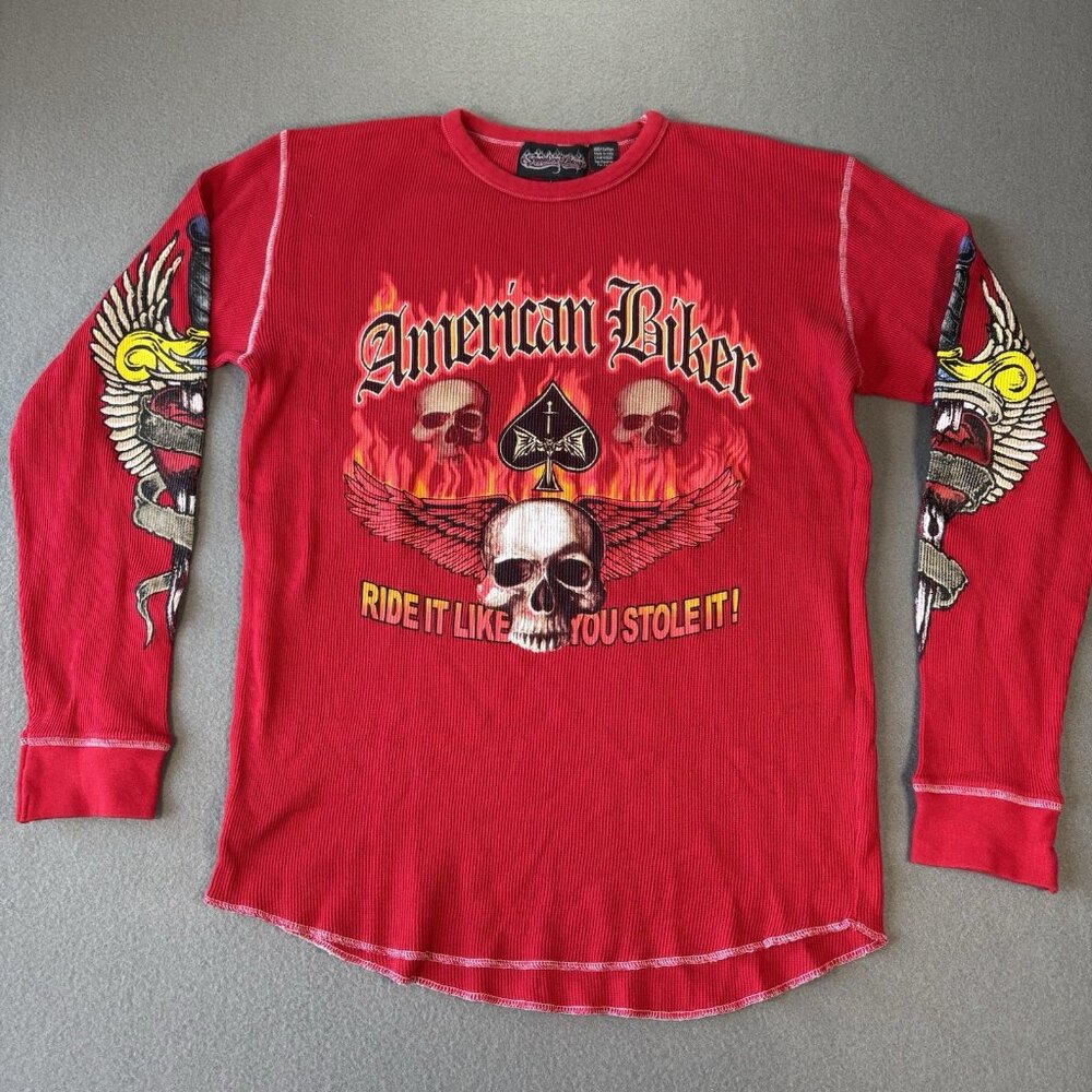 VTG Sapphire lounge American Biker Thermal Shirt‎ Skull Flames Waffle Knit 90s